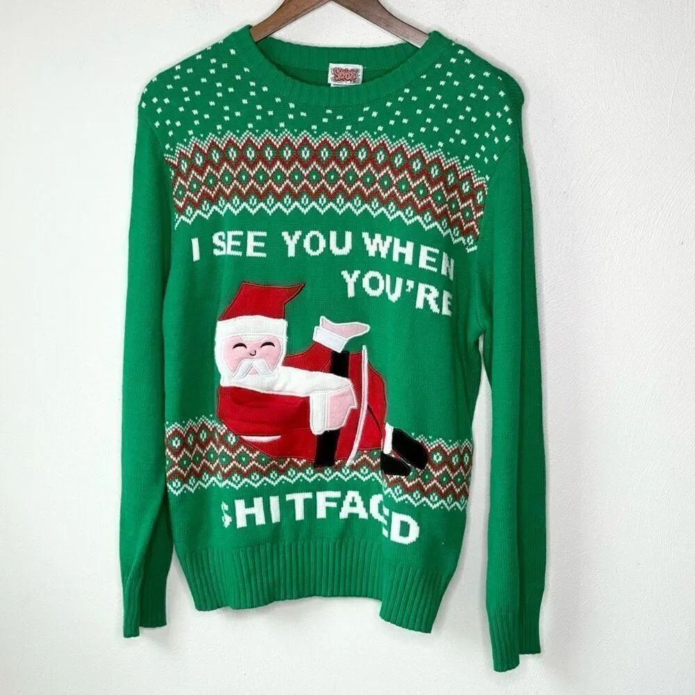Spencer’s Gifts Ugly Christmas Holiday Sweater “I See You When You’re Sh*tfaced”